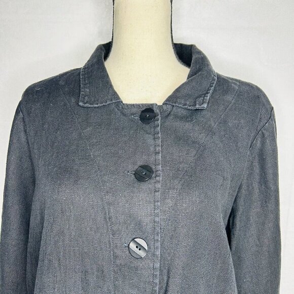 Flax 100% Black Linen Jacket Womens Sz M Button-Front Lagenlook Slash Pockets - Picture 2 of 6